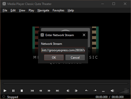 mpc-qt Enter Network Stream dialog box with RIST view URL
