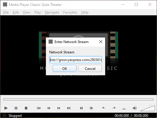 mpc-qt Enter Network Stream dialog box with RIST view URL