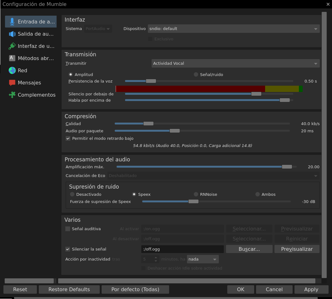 Mumble Entrada de Audio Opciones