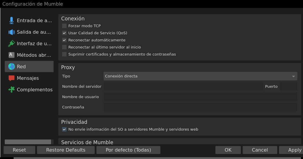 Mumble Opciones de Red