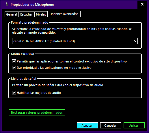 Windows Configuración de Sonido - Opciones Avanzadas de Micrófono