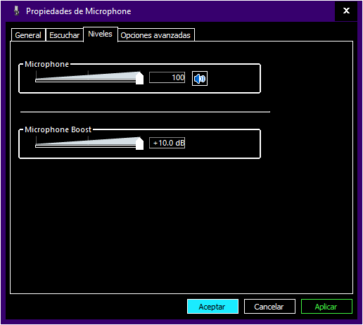 Windows Configuración de Sonido - Niveles de Micrófono