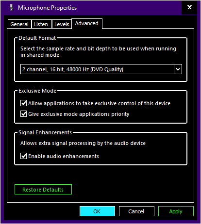 Windows Sound Panel - Advanced Microphone Settings