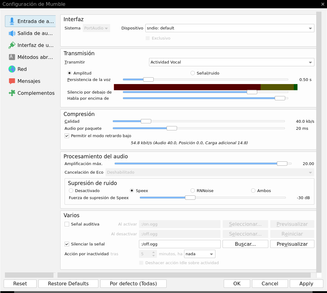 Mumble Entrada de Audio Opciones