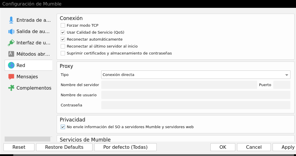 Mumble Opciones de Red