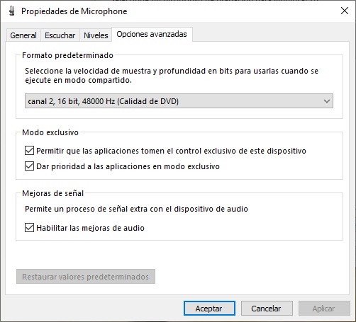 Windows Configuración de Sonido - Opciones Avanzadas de Micrófono