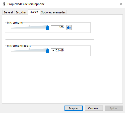 Windows Configuración de Sonido - Niveles de Micrófono